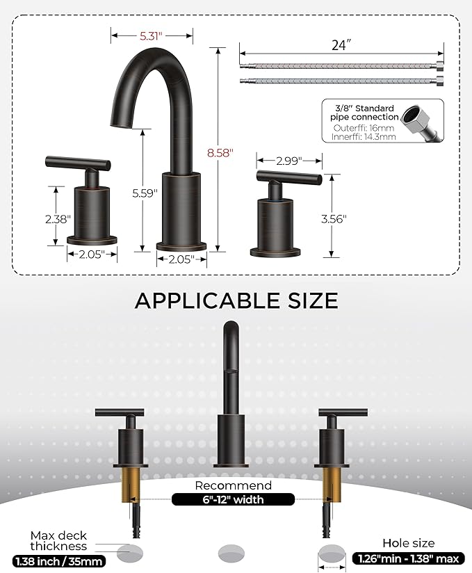 FORIOUS Oil Rubbed Bronze Bathroom Faucets 3 Hole, 8 in Widespread Bathroom Sink Faucet Bronze with Pop Up Drain, 3 Piece Vanity Faucet ORB with 24" CUPC Supply Hoses, 6" to 10" Sink Restroom Remodel