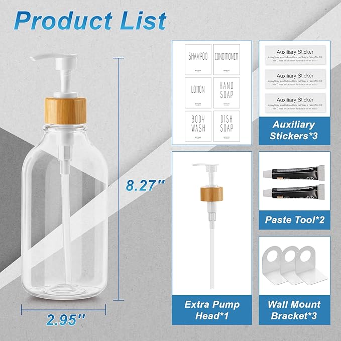 VITVITI Shampoo and Conditioner Dispenser, Body Wash Shower Soap Dispenser Wall Mounted 3 Chamber, Drill Free 17oz Plastic Shower Bottles for Bathroom, Clear 3 Sets