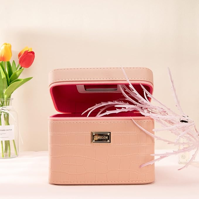 Fashion makeup box, Portable leather hard cosmetic case with mirror, Professional train case make up box for women adults. (Pink)