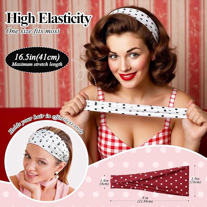 Headbands for Women, 8 Pack Non-Slip Moisture Wicking Sports Wide Head Bands, Stretchy Elastic Fabric, Multiple Colors Securing Hair for Fashion, Sports, Yoga, Running, Daily Life (Polka Dot)