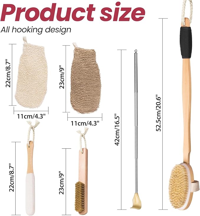 Wood Bath Brush,Long Handle Body Back Scrubber with Soft and Natural Bristles Antiskid Shower Brush Set for Bathroom Wet or Dry Exfoliating (6 Pack) (20.6'' Long Handle)