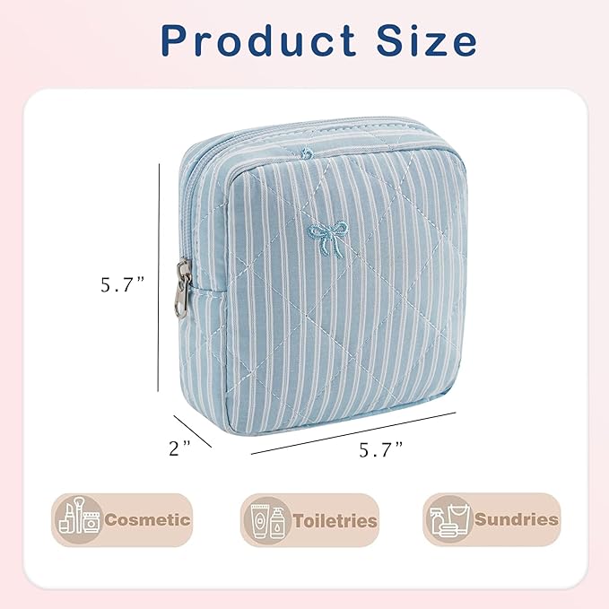 Small Quilted Striped Cosmetic Pouch for Purse, Mini Cotton Makeup Bag with Compartments, Cute Zipper Lipstick Holder for Women (26 Blue Stripes)
