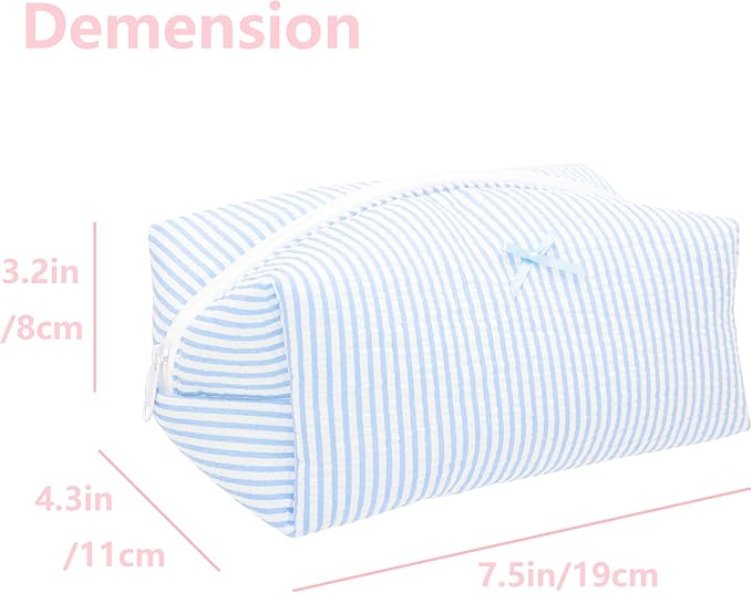 PAZIMIIK Cozy Makeup Bag Travel Cosmetic Bag for Women Soft Toiletry Bag Aesthetic Makeup Organizer Portable Large Zipper Pouch for Skincare Beauty Accessories Brushes Stripe Blue