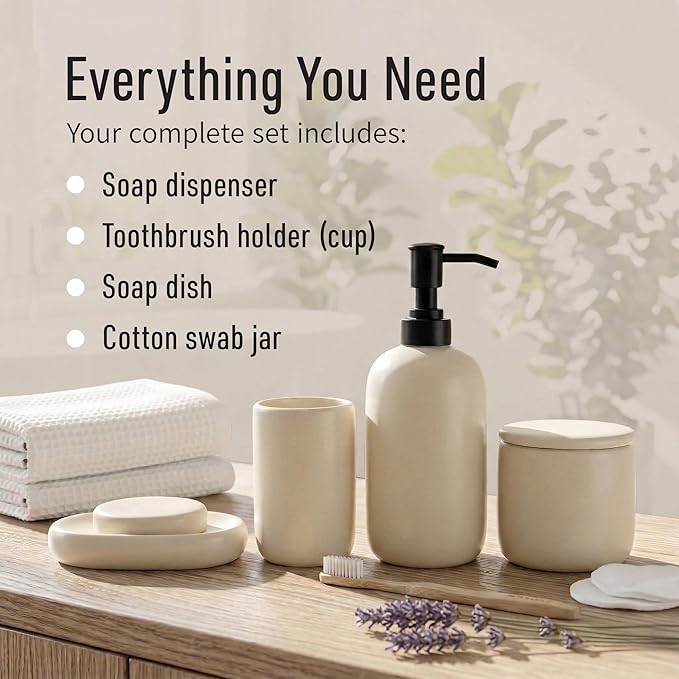 Ceramic Bathroom Accessories Set 4 Pcs – Modern Scandinavian Neutral Bathroom Soap Dispenser Set with Toothbrush Holder, Soap Dish & Cup – Minimalist Bathroom Accessory Set Decor - Cream/Light Beige