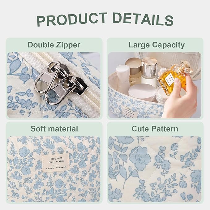 3Pcs Cotton Quilted Makeup Bag Large Travel Cosmetic Bag Coquette Makeup Pouch Cute Aesthetic Floral Toiletry Bag for Women Girls