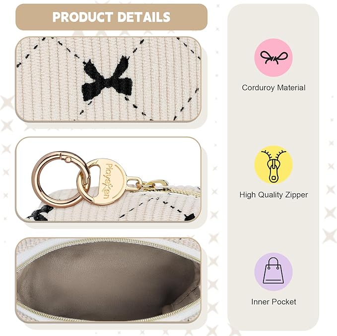 Mini Makeup Bag, Corduroy Small Cosmetic Bag for Purse with Ring Buckle, Bow Tie Travel Makeup Pouch for Lipsticks, Chapsticks, Coin, Earphone, Credit Card (Light Pink)
