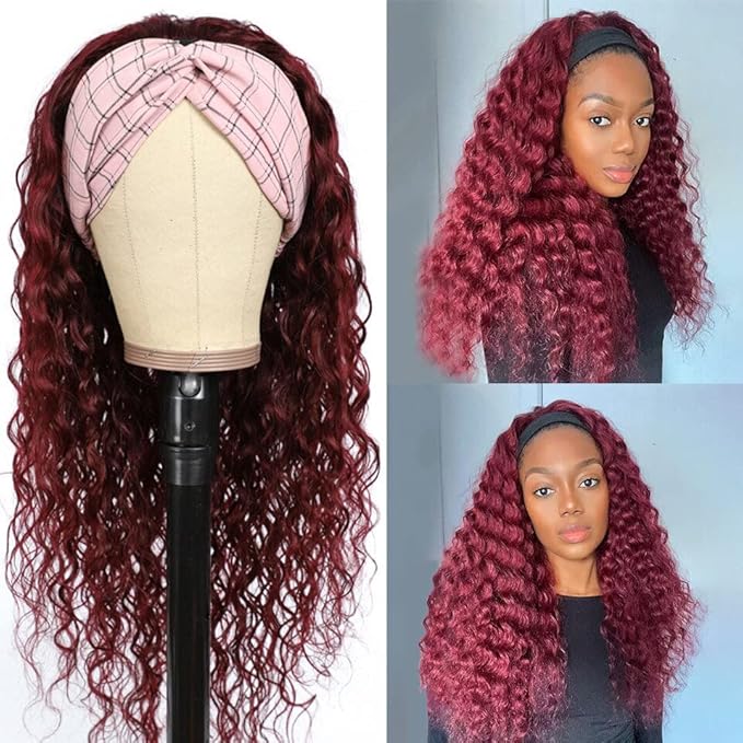XSY Headband Wig Human Hair 99J Burgundy Deep Wave None Lace Front Wig Human Hair Wigs for Black Women Glueless Wear Go Brazilian Virgin Hair (20inch,Red Burgundy)