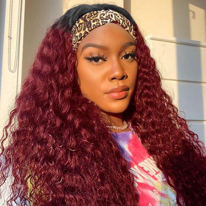 Aiterina Headband Wig deep wave human hair wigs for Black Women Brazilian Remy Hair Glueless Non Lace Front Wig 150% Density (10 inch, 1B/99J)
