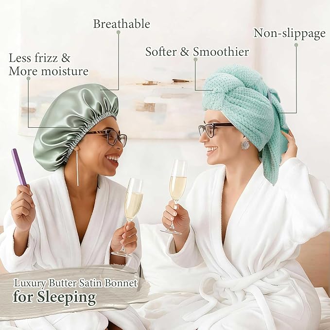 4 Pcs Microfiber Drying Hair Wrap Towels Reusable Waterproof Shower Cap with Elastic Band Adjustable Silk Hair Bonnet for Sleeping with Scrunchie for Women Christmas Favor Gifts(Green)