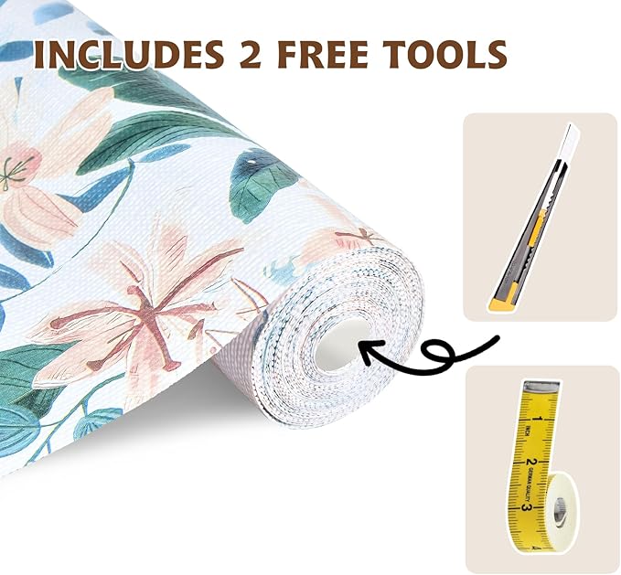 Shelf Liners for Kitchen Cabinets 12in x 10FT, Non Adhesive Drawer Liner Colored Flowers Thickened Shelf Liner Non-Slip Easy to Clean for Tool Box Refrigerator with Knife and Tape Measure