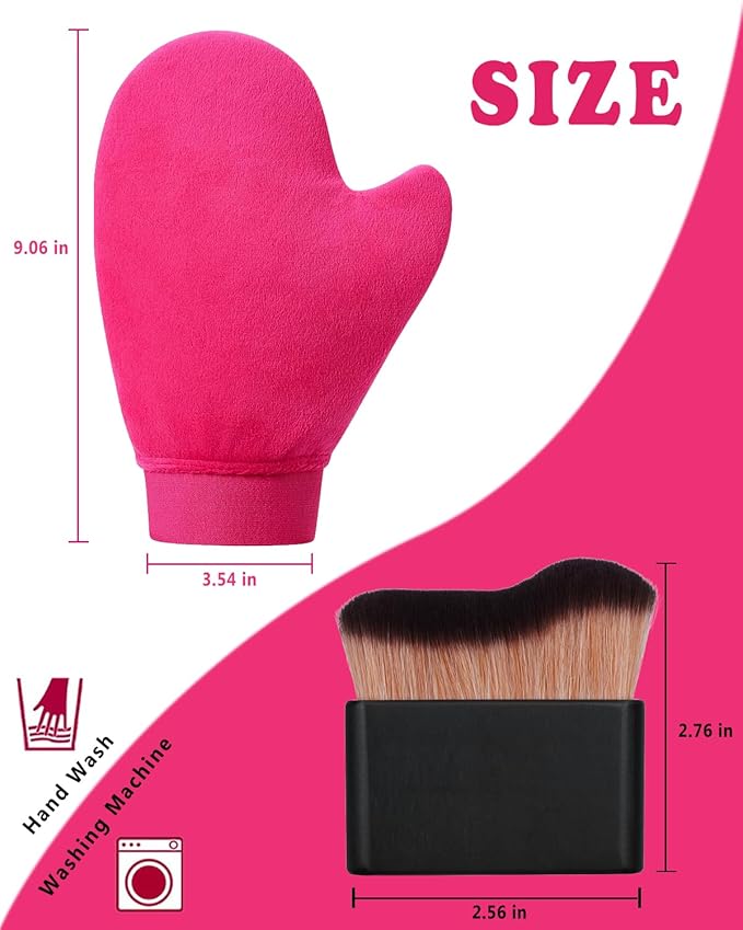 2 in 1 Professional Self Tanning Mitt Kit - Luxury Self Tanner Mitt, Self Tan Mitt And Brush Tanning Glove Kabuki Body Brush For Streak-Free Lotion, Sunless Spray Tan On Face And Body Rose Pink