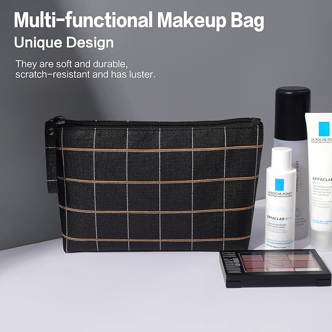 MAANGE Small Makeup Bag for Purse Cosmetic Bags for Women Pu Leather Makeup Pouch Travel Makeup Bag with Handle Make Up Bag for Travelling(Black)