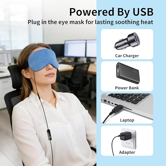 Heated Eye Mask, Warm Eye Compress for Dry Eyes Blepharitis, USB Electric Eye Heating Pad with 3 Temperature & Timer Control, Eye Sleep Mask for Dark Circles and Puffiness Relief
