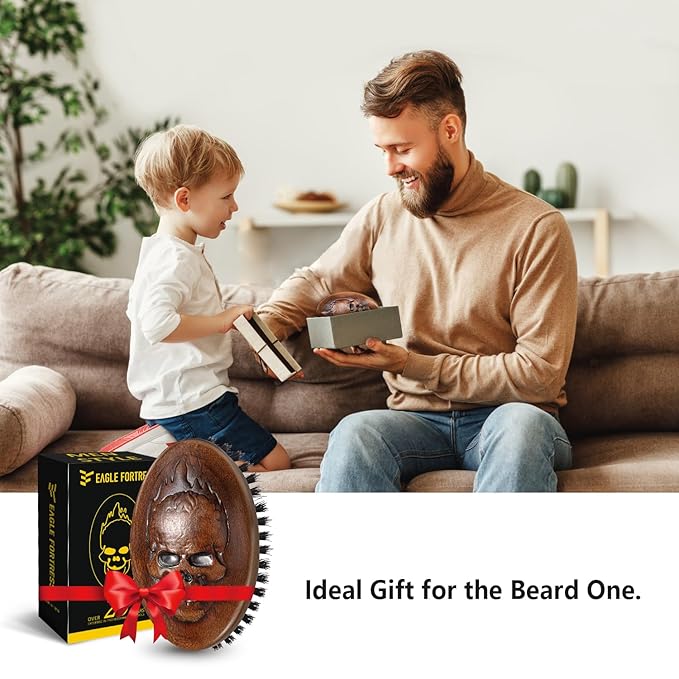 Eagle Fortress Boar Bristle Hair Brush for Men Hair Care - Beard Brush, Mustache Brush with Skull on Wooden Handle, Grooming & Styling Tool for Men, Travel Size