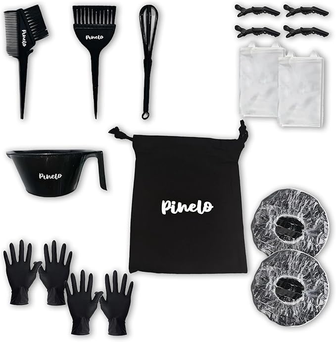 17-in-1 Hair Dye Kit - Pouch with Complete Hair Coloring Kit, Color Mixing Bowl, Brushes, Clips, Disposable Gloves, Mixing Whisk - DIY Highlights, Professional, Hairdressing Supplies