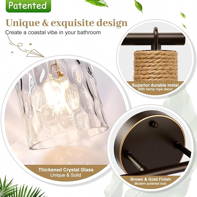 Bathroom Light Fixtures, 2-Light Coastal Vanity Lights with Crystal Glass Shade, Brown and Gold Bathroom Wall Lamp for Mirror Kitchen Hallway Cabinet