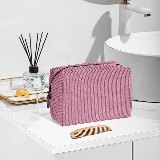 MAANGE Cosmetic Bags for Women Small Makeup Bag for Purse Corduroy Makeup Pouch Travel Makeup Bag with Metal Zipper Make Up Bag for Travelling(PINK)