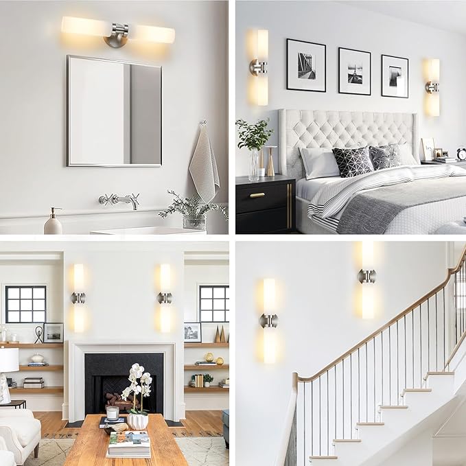 2 Light Brushed Nickel Bathroom Light Fixture Over Mirror, Modern Farmhouse Bathroom Vanity Light with Milky White Frosted Glass Shade, Wall Sconce for Hallway Cabinet Bedroom Porch