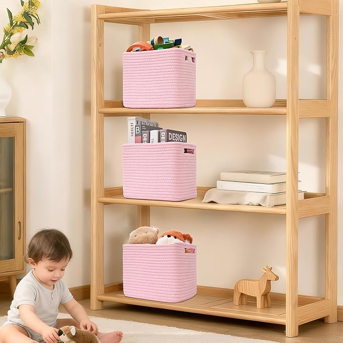 3 Pack Cube Storage Bin, 9”x9”x7” Cotton Rope Woven Baskets for Organizing Toys Clothes Towels, Square Gift Storage Baskets for Shelf, Nursery, Closet, Bathroom, Pantry (Pink)