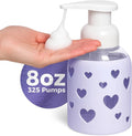 SoCal Suds & Company Foaming Hand Soap Dispenser Glass, Liquid Soap Pump with Heart Silicone Sleeve, Refillable Bottle for Kids, Baby Wash & Shampoo, Ideal for Bathroom & Kitchen Use, Soft Purple, 8oz