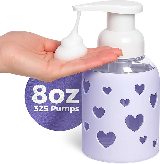 SoCal Suds & Company Foaming Hand Soap Dispenser Glass, Liquid Soap Pump with Heart Silicone Sleeve, Refillable Bottle for Kids, Baby Wash & Shampoo, Ideal for Bathroom & Kitchen Use, Soft Purple, 8oz