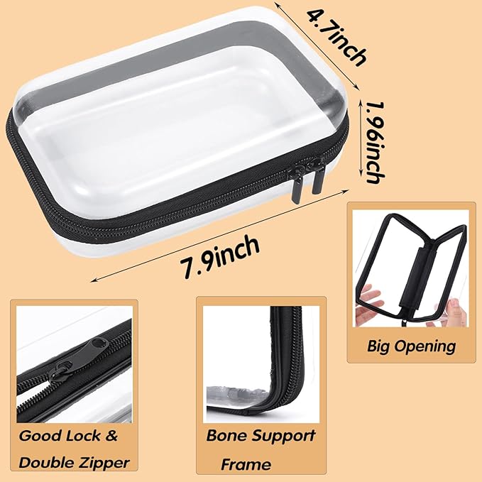 2PC Black Small Clear Hard Shell Zipper Case, Double Zippers Plastic Storage Box for Snacks Makeup Toiletries & Cosmetic Tools