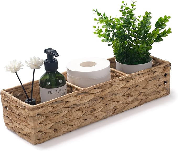 Wicker Bathroom Basket with 3 Compartments, Water Hyacinth Toilet Tank Basket, Woven Storage Box for Bathroom Organizer (16.5 x 5.5 x 3.5 inch)