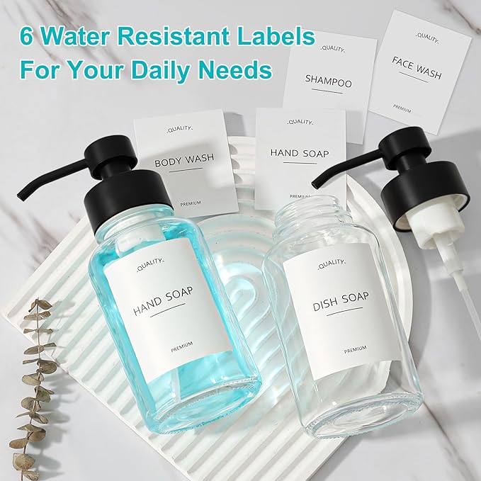 Foaming Hand Soap Dispenser, 14.1 oz/400ml Foaming Soap Dispenser, 2 Pack Glass Foaming Dispenser for Bathroom & Kitchen, Clear Refillable Liquid Dispenser Bottle with Waterproof Labels