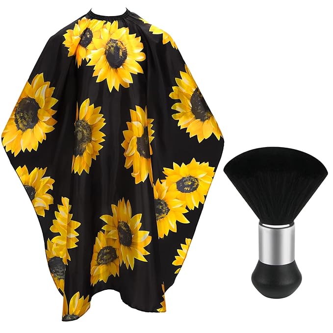 FEBSNOW Barber Cape Waterproof Professional Hair Cutting Cape Neck Duster Brush for Haircut Black Sunflower Salon Beard Hairdressing Kits 46.8 × 56 Inches