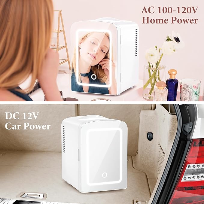 Xbeauty Skincare Mini Fridge With Dimmable LED Mirror, 4L Mini Makeup Refrigerator for SkinCare, Cosmetics, Food & Drinks, Portable Small Refrigerator for Bedroom, Dorm, Car, Office, White