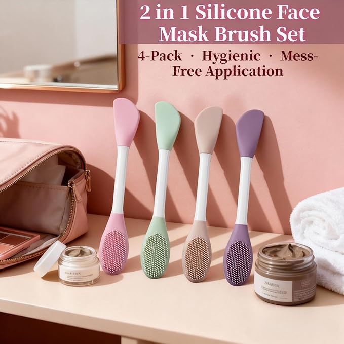 2 in1 Silicone Face Mask Brush & Facial Cleansing Brush, 4 Pack Double-Sided Face Scrubber Applicator for Clay Mud Mask, Cream, Lotion, Exfoliating & Massage, Soft Spa Skincare Tool for All Skin Types