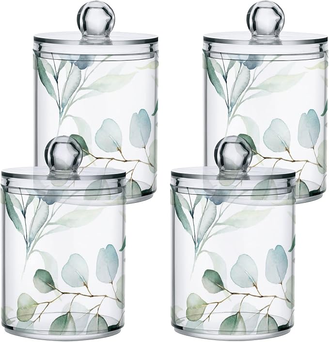 2 Pack Qtip Holder Dispenser for Cotton Ball Watercolor Green Eucalyptus Leaves Cotton Swab Round Pads Clear Plastic Acrylic Jar Set Bathroom Canister