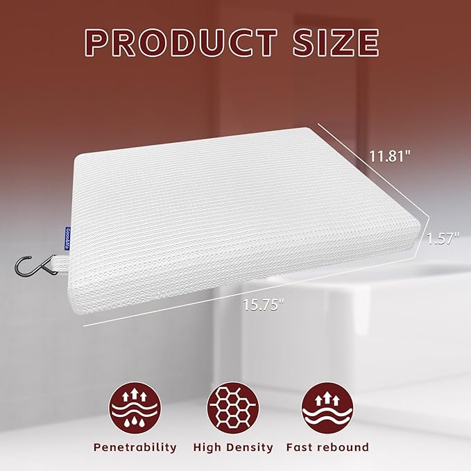 Gooo&Ma Non-Slip Waterproof Shower Seat Cushion Bathtub Pillow Shower Chair Bench Bathtub Cushion - with 3D Mesh & Hook - Bath Pillow，for Elderly，Pregnancy - Washable and Quick Drying(White)