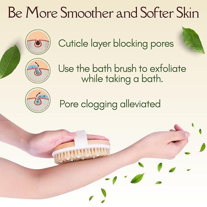 Dry Brushing Body Brush, Best for Exfoliating Dry Skin, Lymphatic Drainage and Cellulite Treatment, Organic Spa Massage Scrub Brush with Soft Boar Bristles, Great Gift for A Glowing Skin