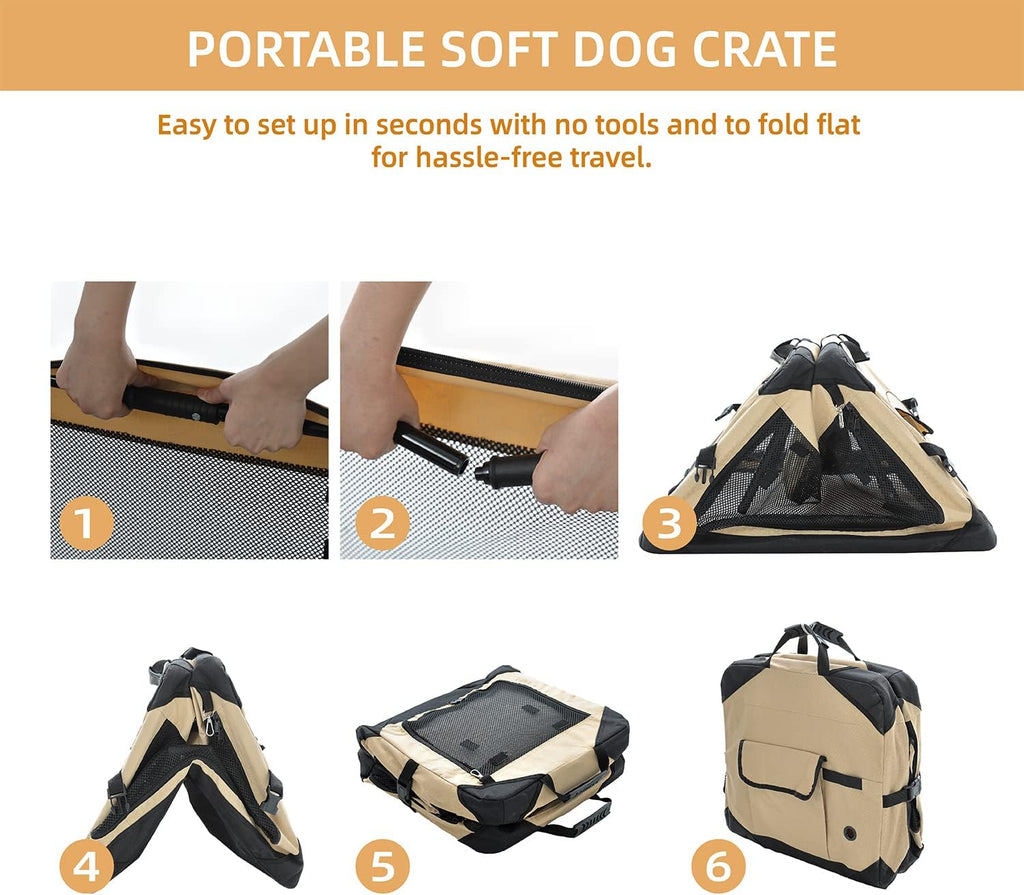 Pettycare 42 Inch Collapsible Dog Crate for Large Dogs, 4-Door Foldable Soft Kennel With Chew Proof Mesh Windows, Indoor & Outdoor Travel, Beige