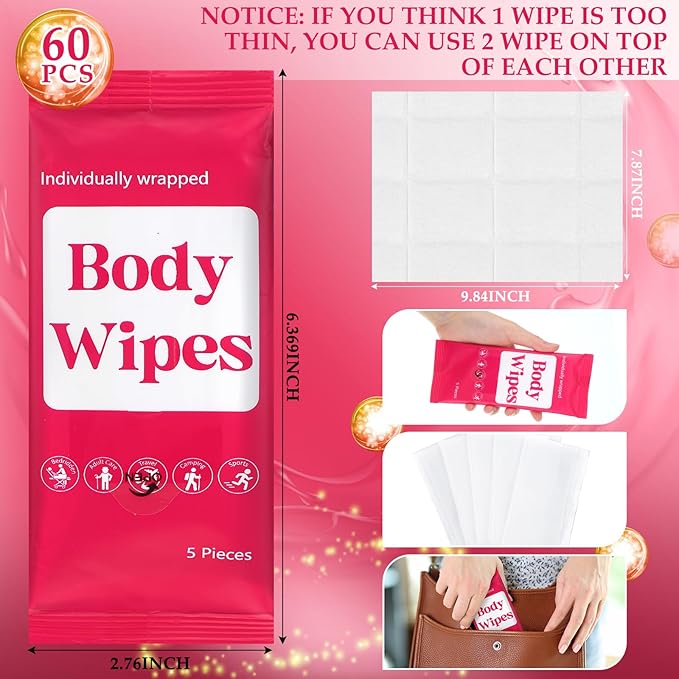 300 Pcs 60 Pack Body Wipes for Adults Bathing No Rinse Individually Wrapped Shower Wipes Washcloth with Aloe Cleansing Body Wash Cloths Disposable Bulk Deodorant Homeless(Rose Background)