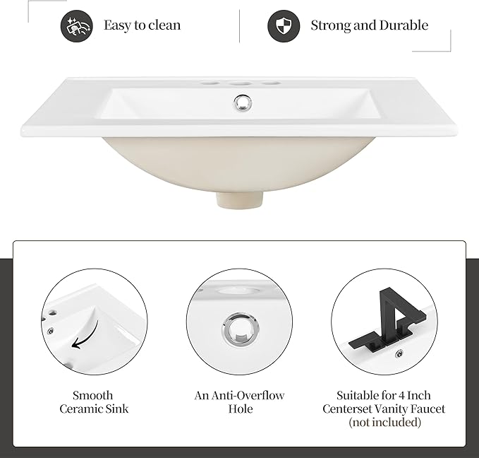 Yaheetech 24" Modern Bathroom Vanity with Sink, Bathroom Sink Cabinet with Rectangular Ceramic Basin, Bathroom Vanities Cabinet with 2 Doors and 1 Open Shelf, White