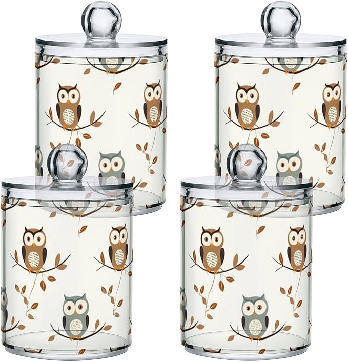 2 Pack Qtip Holder Dispenser for Cotton Ball Owl Forest Little Animal Cotton Swab Round Pads Clear Plastic Acrylic Jar Set Bathroom Canister