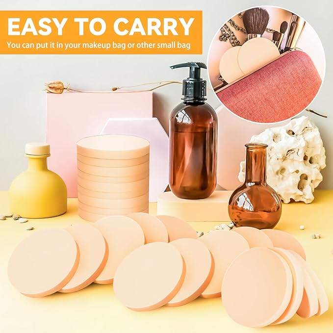 MotBach 60 PCS Nude Round Makeup Sponge, Cosmetic Sponge Round Foam Pad Eye Facial Powder Puff, Beauty Makeup Foundation Powder Blender for Women Lady All Skin Types Wet and Dry Dual Use