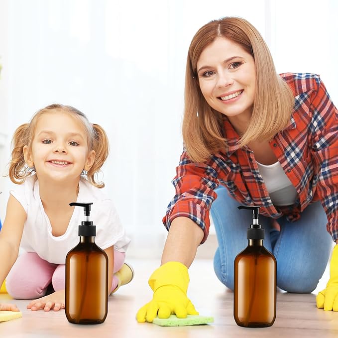 Sliner 6 Pcs Shampoo and Conditioner Dispenser Bottles 16.9 oz Plastic Shower Bottles with Pump and 1 Silicone Funnel Reusable Hand Soap Containers for Bathroom Shower(Amber)