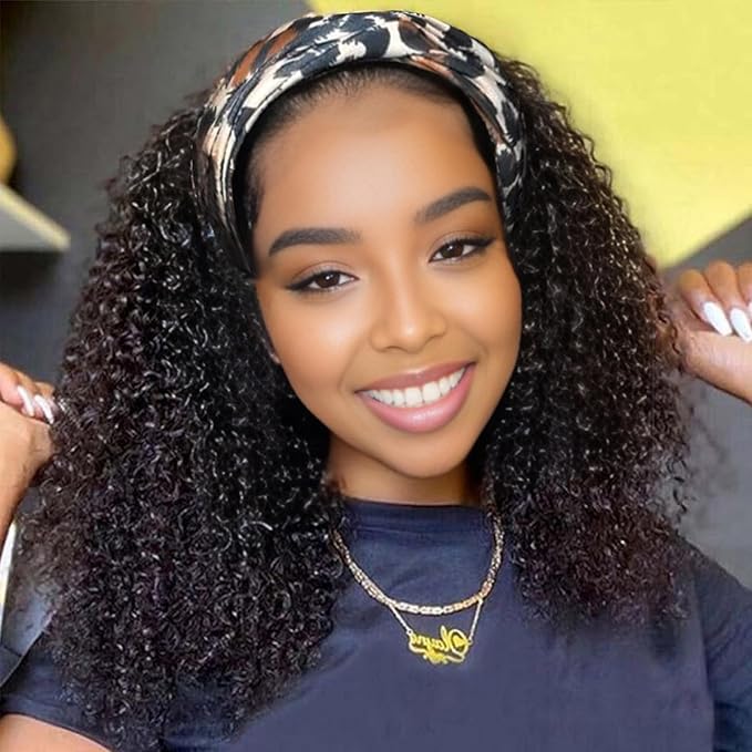 Aiterina Headband Wig Human Hair Kinky Curly Curly Human Hair Wigs for Black Women Glueless Human Hair Wigs Full Wig Machine Made Brazilian Real Hair Wigs 150% Density Natural Colour 20 inch