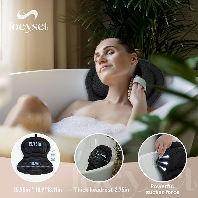 Bath Pillows for Tub Luxury, Bath Pillow for Head and Neck, Fit Bathtub Hot Tub Relaxing Gifts for Women, Comfort 4D Air Mesh Fabric & 6 Non-Slip Suction Cups, Black