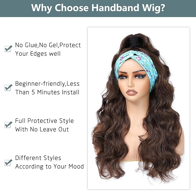 xccoco Brown HeadBand Wigs for Women Long Wavy Headband Wigs 24inch Put On and Go Glueless Wig Loose Curly Synthetic Half Wig Natural Looking Long Wigs for Women 200% Density