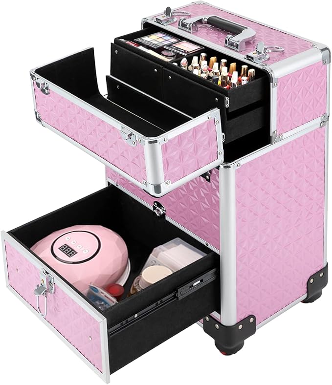3in1 Rolling Makeup Train Case,Aluminum Trolley Case with 360° Rotation Wheels for Professional Salon Barber Traveling Cart Trunk Cosmetic Beauty Storage (Pink 18.5in)