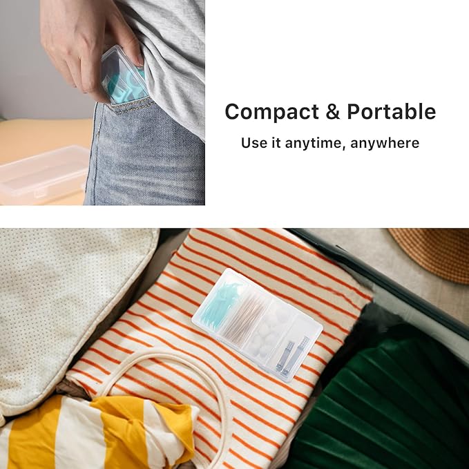 Hipiwe Plastic Cotton Swab Holder for Travel 4 in 1 Compact Cleaning Organizer for Hair Rope Paperclip Clear Dental Floss Sticks Case with Lid Small Travel Container Hair Tie Storage Box