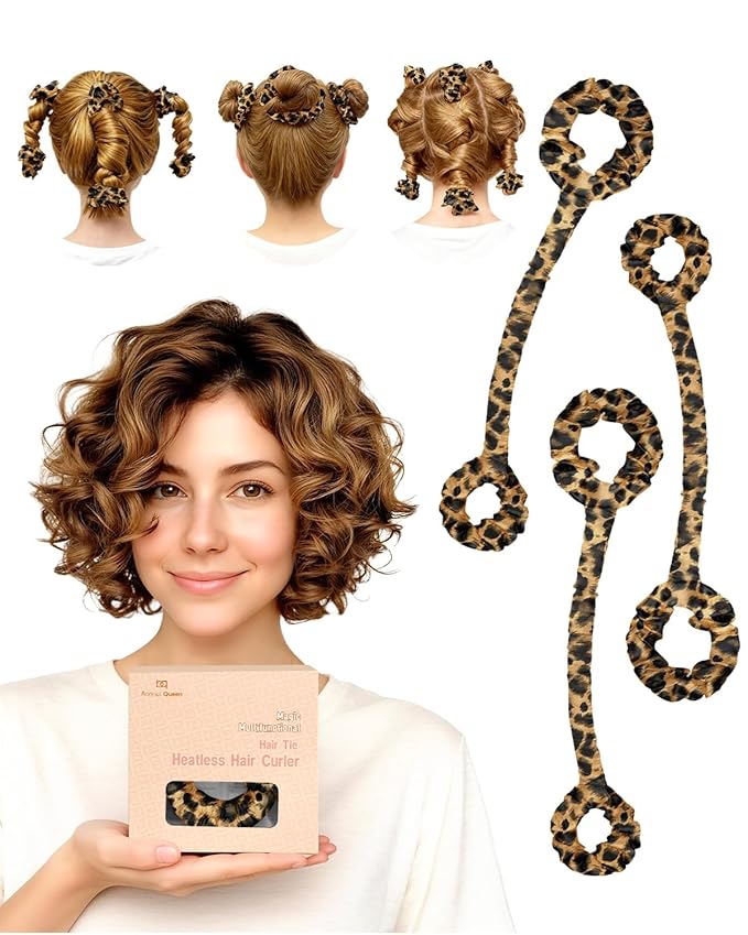 BONNET QUEEN Heatless Hair Curler Set (3Pcs), Heatless Curls Overnight with Satin Hair Rollers for Women, Leopard (For Short Hair)