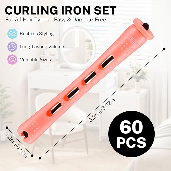 60 Pcs Perm Rods for Long Hair, Cold Wave Perm Rods Set for Women's Long & Short Plastic Curling Rollers for Hair Curling and DIY Hairdressing Styling Tool（0.51 x 3.22 inches）