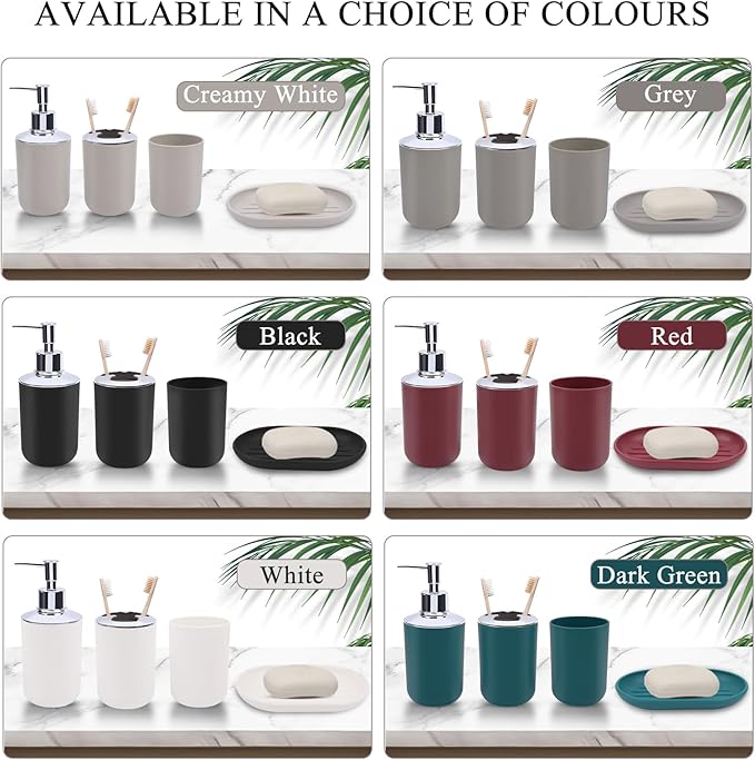 4 Piece Bathroom Accessories Set, Plastic Bathroom Accessory Set, Toothbrush Holder, Toothbrush Cup, Soap Dispenser, Soap Dish, White