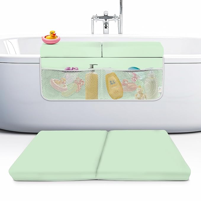 Bath Kneeler and Elbow Rest Pad Set, 2-Inch Thick, Memory Foam, Water-Resistant Mat – Baby Bath Time Essentials Cushion and Bath Kneeling Pad for Bathing Baby with Bathtub Toy Organizer (Mint Green)