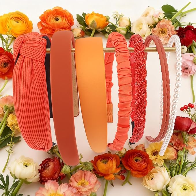 AHONEY 7 Pack Orange Headbands for Women Girls Headbands Non Slip Hairbands Fashion Hair Accessories Multi-style Headband Pack Diademas Para Muje